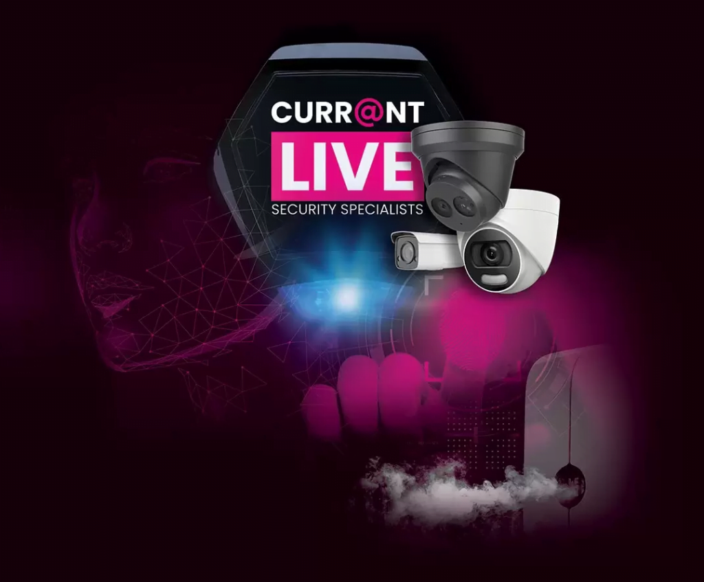 Digital graphic featuring two security cameras (one white, one dark grey) against a magenta and dark gradient background. The brand name 'CURR@NT LIVE' is prominently displayed above, with 'SECURITY SPECIALISTS' below. Abstract face outline in magenta. Dynamic smoke effect in the lower right. Current Live: Retail Security Systems Services in Coventry