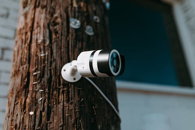 Commercial CCTV camera mounted on a wooden pole for outdoor surveillance, relevant to Commercial CCTV Laws.