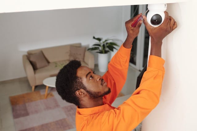 echnician installing a CCTV camera on the ceiling, demonstrating how to choose the right commercial CCTV installers for securing your business,