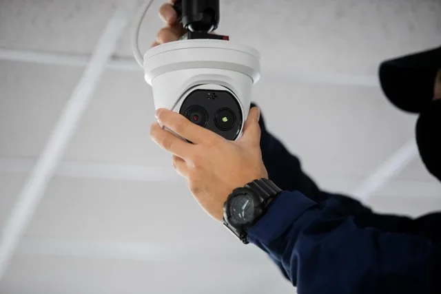 Technician installing a CCTV camera on the ceiling, following essential steps in 'How to Choose the Commercial CCTV Installers' to ensure optimal surveillance for businesses.