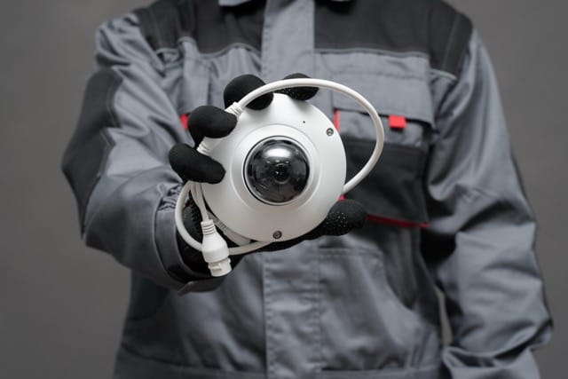 A person holding a commercial CCTV camera, showcasing the benefits of upgrading your system to enhance security with improved features. Learn why you should upgrade your commercial CCTV system for better protection.