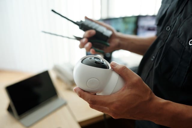 A wireless CCTV camera mounted on a wall, providing real-time surveillance with a smartphone displaying the live feed, ensuring security and convenient monitoring.